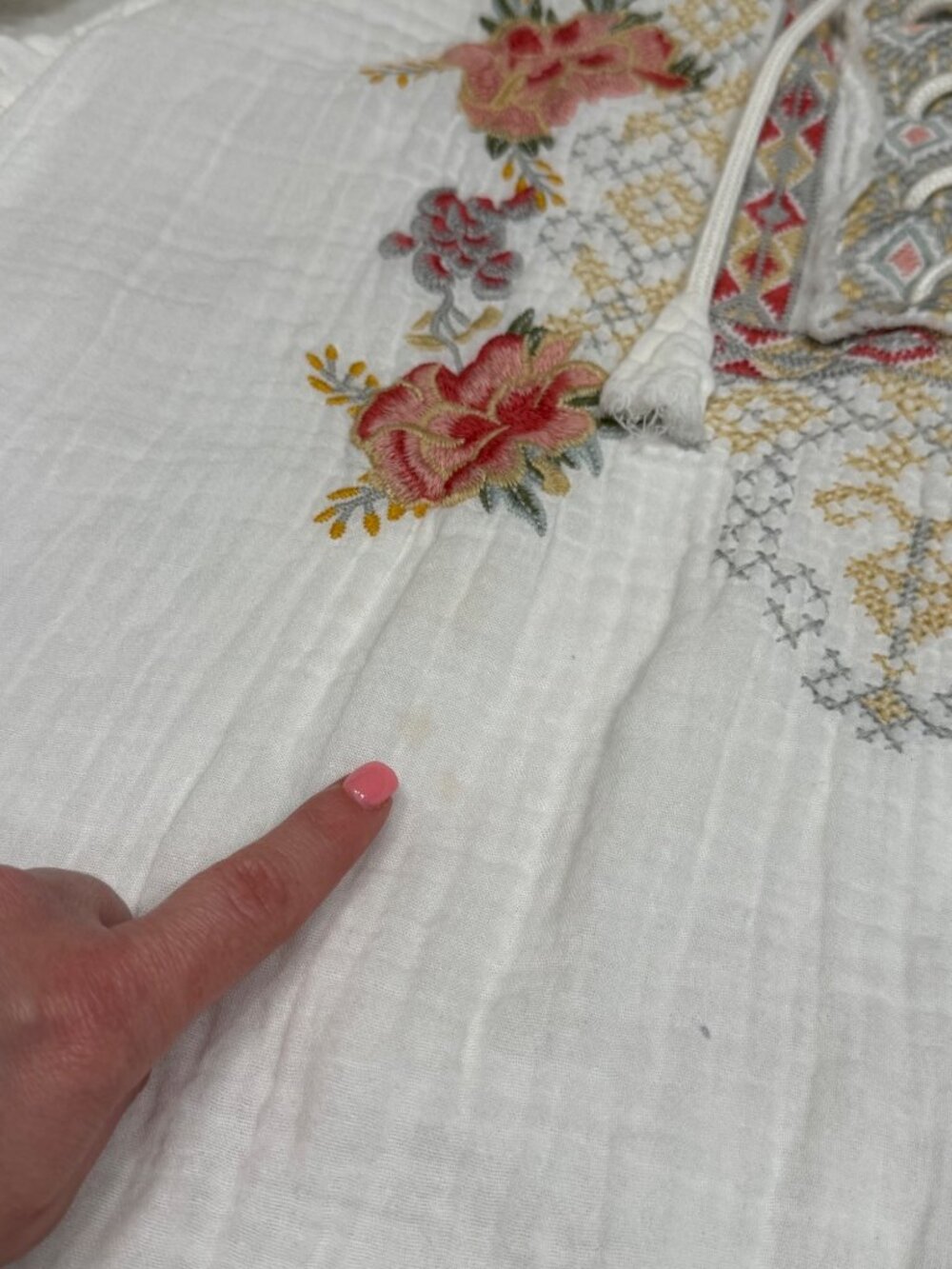 Johnny Was White Embroidered Gauze Blouse XL Boho Peasant Long Sleeve Cotton Top - Picture 10 of 10